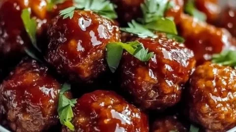 Crockpot sweet chili meatballs served on a platter with sauce.