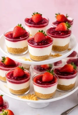 Elegant mini no-bake strawberry cheesecake cups served at a party