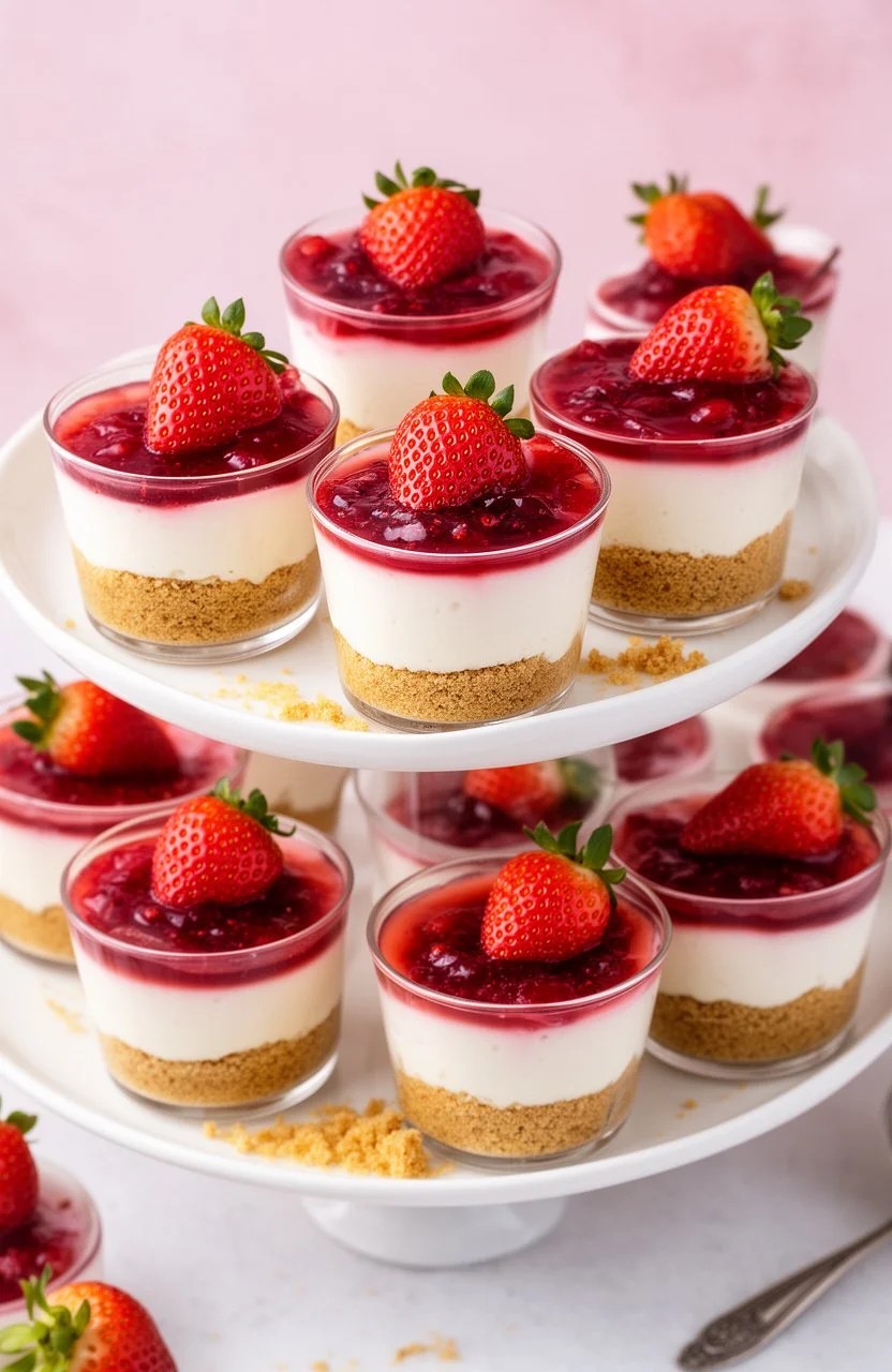 Elegant mini no-bake strawberry cheesecake cups served at a party