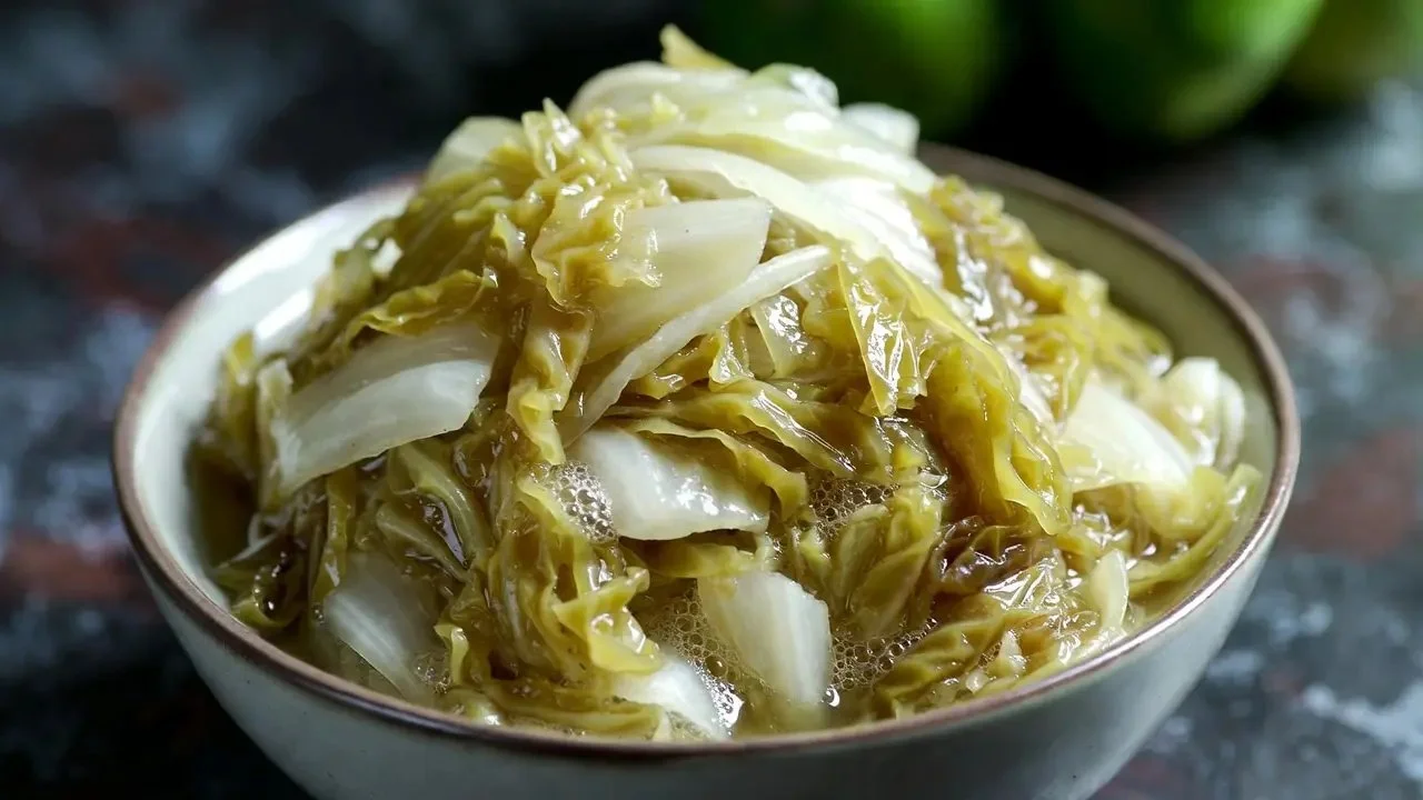 Bowl of homemade fermented cabbage ready to serve with toppings