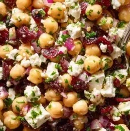 Feta and Cranberry Chickpea Salad served in a bowl