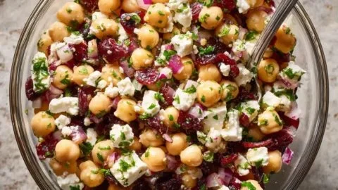 Feta and Cranberry Chickpea Salad served in a bowl