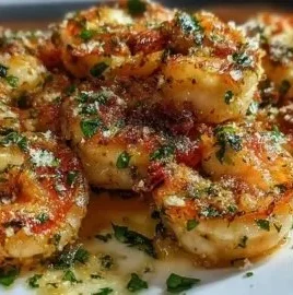 Delicious Garlic Parmesan Roasted Shrimp garnished with parsley on a plate