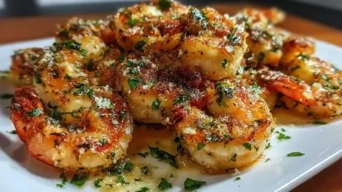 Delicious Garlic Parmesan Roasted Shrimp garnished with parsley on a plate