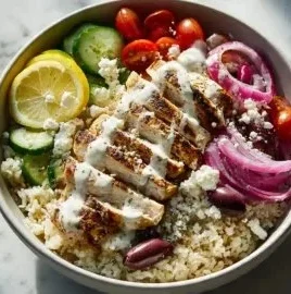 Greek Chicken Bowls with Tahini Feta Sauce garnished with fresh vegetables