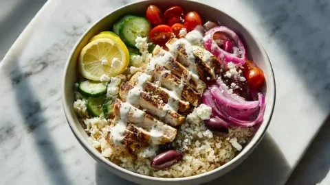 Greek Chicken Bowls with Tahini Feta Sauce garnished with fresh vegetables