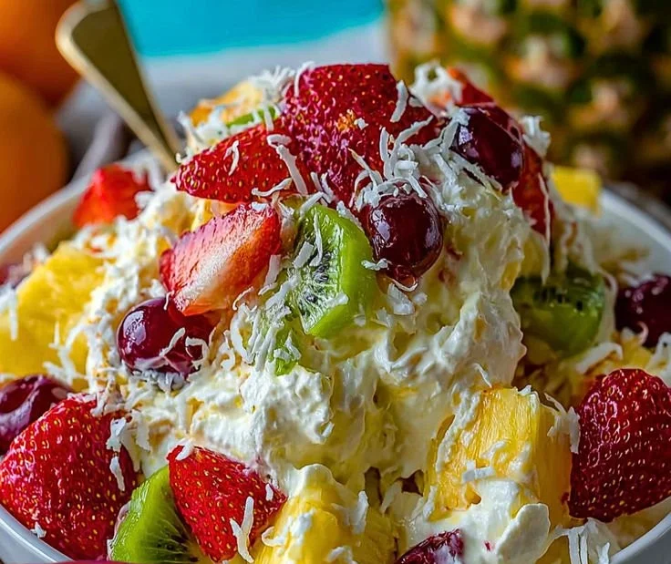 Hawaiian Cheesecake Salad with tropical fruits and cream cheese topping