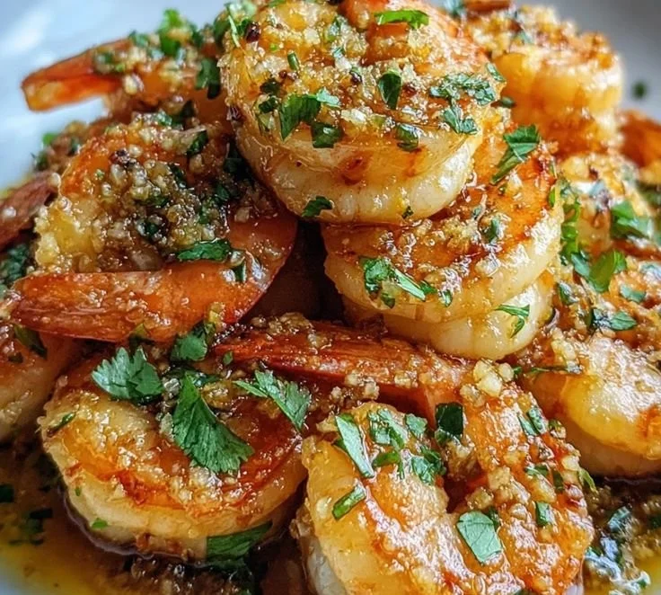 Plate of Hawaiian Garlic Shrimp garnished with herbs and served with rice