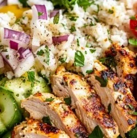 Delicious healthy Greek chicken bowls with fresh ingredients