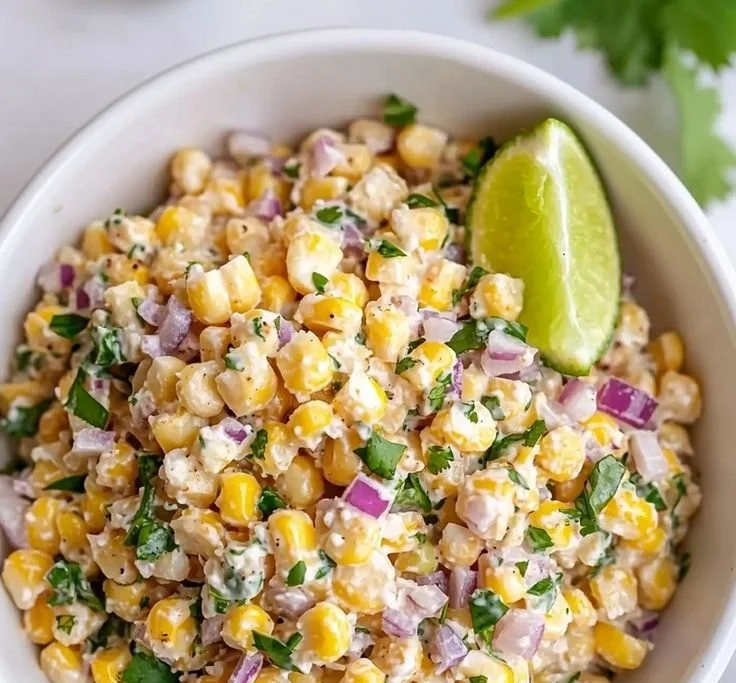 Healthy Street Corn Salad with Greek Yogurt served in a bowl