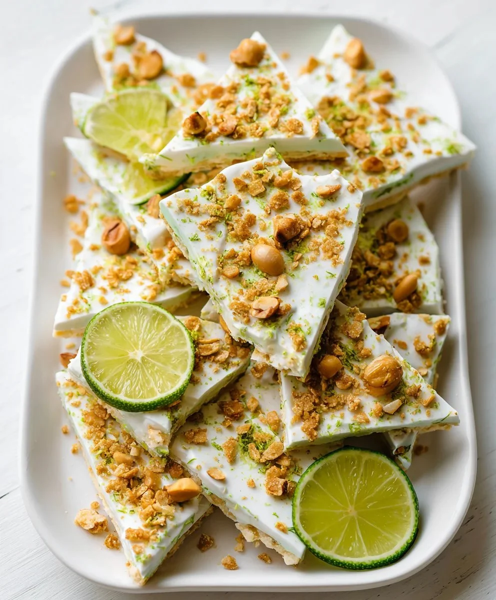 High protein key lime pie yogurt bark topped with lime zest and yogurt.