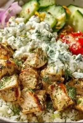 High protein Mediterranean lemon-dill chicken bowl with fresh vegetables and quinoa.