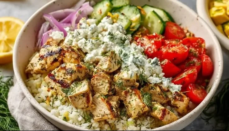 High Protein Mediterranean Lemon-Dill Chicken Bowls