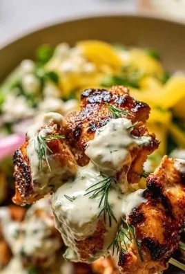 Healthy Homemade Greek Tzatziki Chicken Bowl garnished with fresh vegetables and herbs.