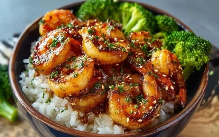 Honey Garlic Shrimp served in a bowl with vegetables and rice