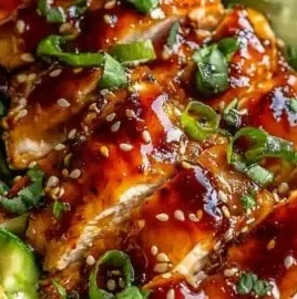 Hot Honey Chicken Bowl topped with fresh greens and honey drizzle