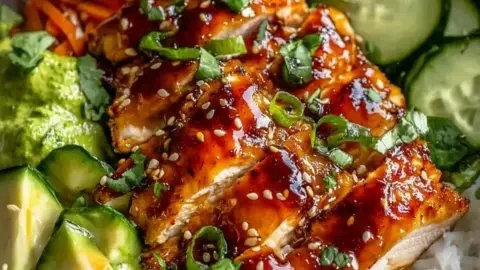 Hot Honey Chicken Bowl topped with fresh greens and honey drizzle