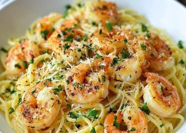Delicious lemon garlic butter shrimp scampi pasta served on a plate