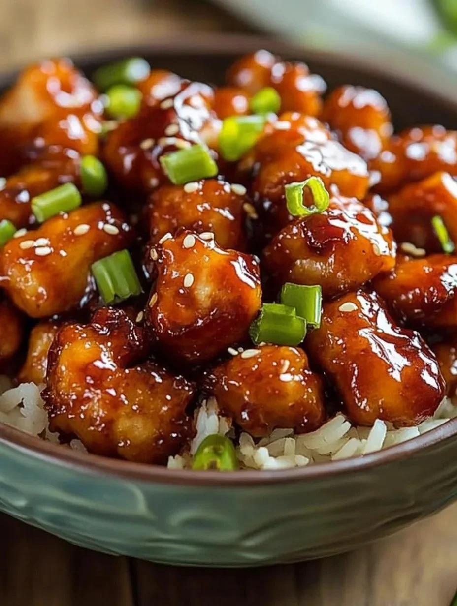 Plated sweet chili chicken garnished with fresh herbs and served with rice.