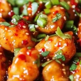 Crispy Asian sweet chili chicken served on a plate with fresh vegetables.