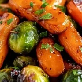 Crispy maple glazed carrots and Brussels sprouts on a plate