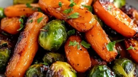 Irresistibly Crispy Maple Glazed Carrots and Brussels Sprouts