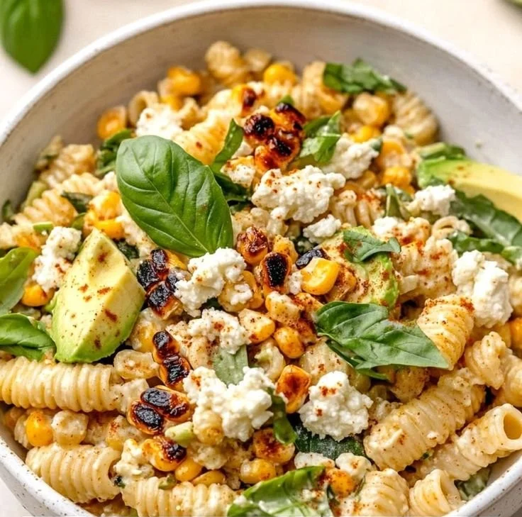 Delicious street corn pasta salad with fresh ingredients and vibrant colors