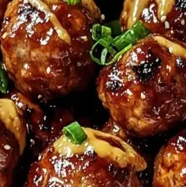 Korean BBQ meatballs topped with spicy mayo on a plate