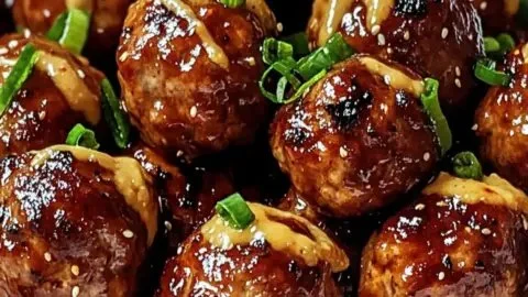 Korean BBQ meatballs topped with spicy mayo on a plate