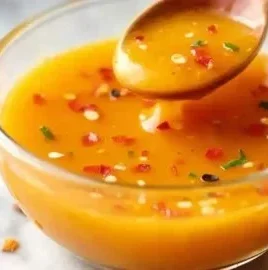 Bottle of Mango Habanero Honey Garlic Sauce on a wooden table