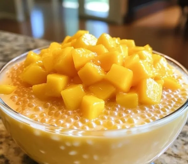 Delicious Mango Sago dessert with mango puree and tapioca pearls