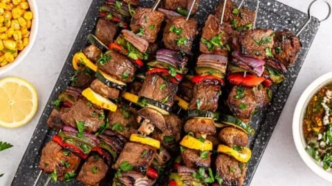 Juicy marinated beef kabobs skewered with vegetables and grilled to perfection