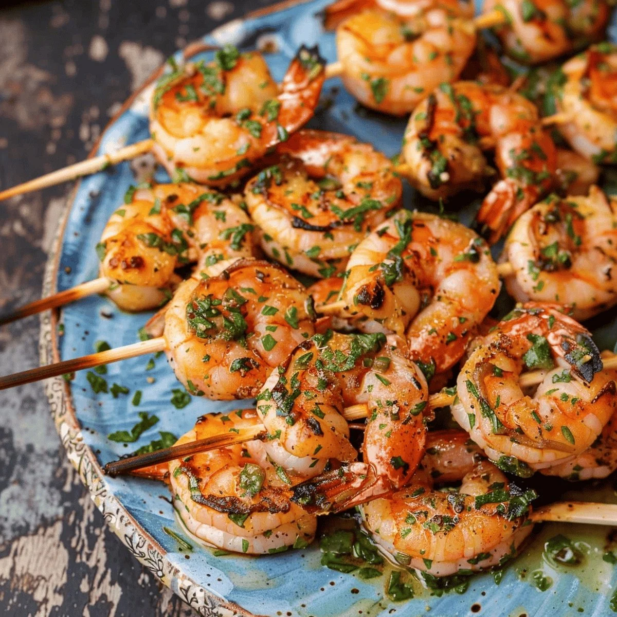 Mediterranean grilled shrimp kabobs on a platter with vegetables