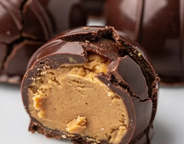 Molten Peanut Butter Chocolate Bomb dessert topped with chocolate and peanut butter