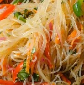 Delicious no cook noodle salad with a tangy dressing served in a bowl