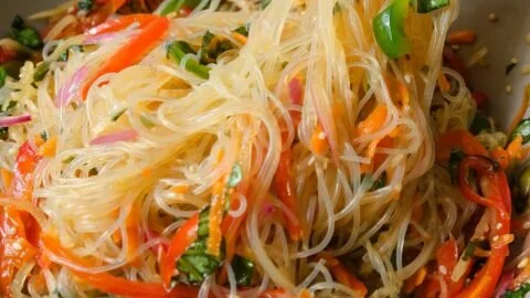 Delicious no cook noodle salad with a tangy dressing served in a bowl