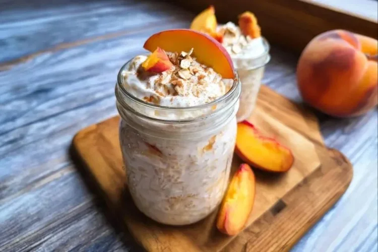Peaches and Cream Overnight Oats in a jar with fresh peach slices