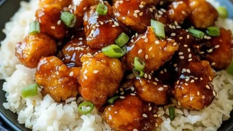 Plate of quick and easy sweet chili chicken served with vegetables