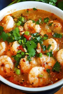 Bowl of quick and spicy shrimp soup garnished with herbs.