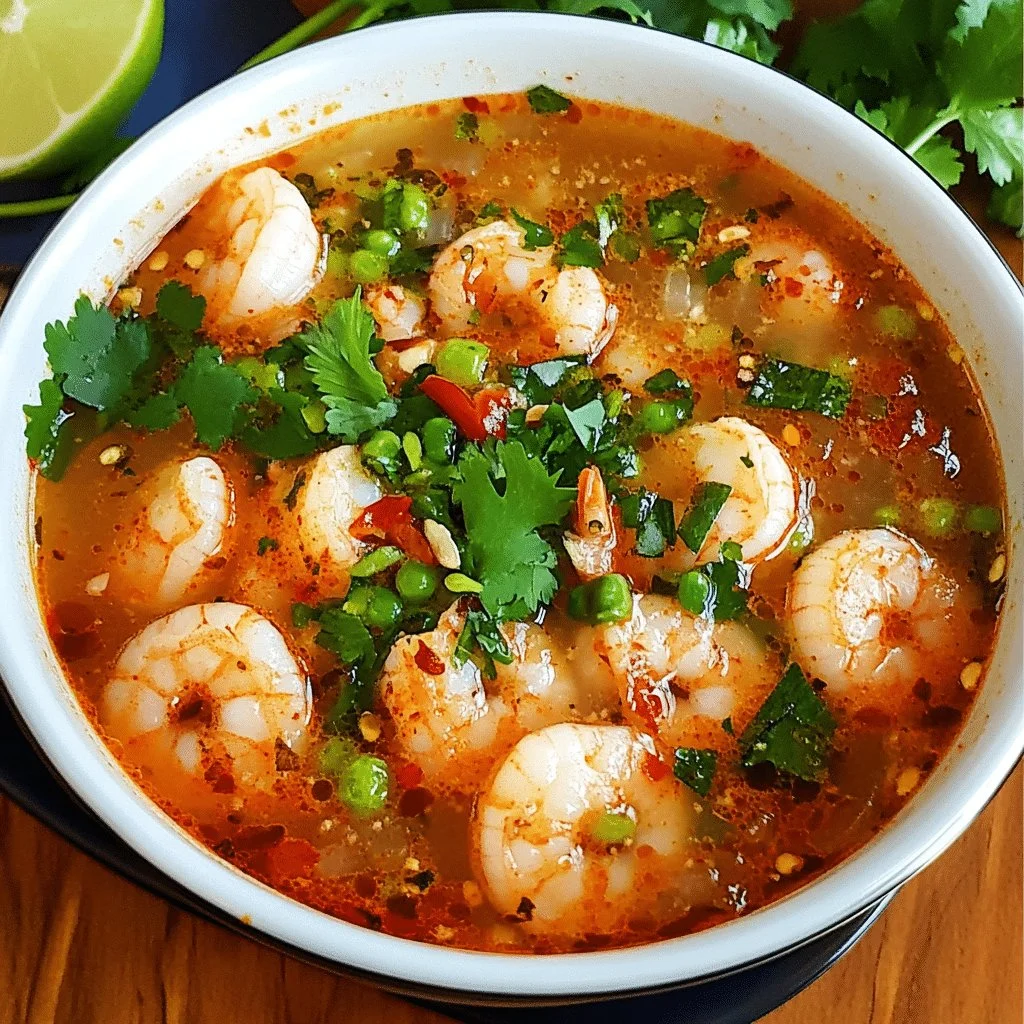 Bowl of quick and spicy shrimp soup garnished with herbs.