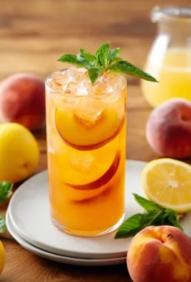 A refreshing glass of peach lemonade garnished with fresh peaches and mint leaves