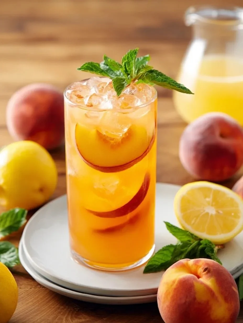 A refreshing glass of peach lemonade garnished with fresh peaches and mint leaves