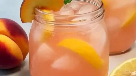 Glass of refreshing peach lemonade with fresh peaches and lemon slices