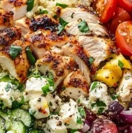 Colorful Greek Chicken Quinoa Bowl with fresh vegetables and feta cheese