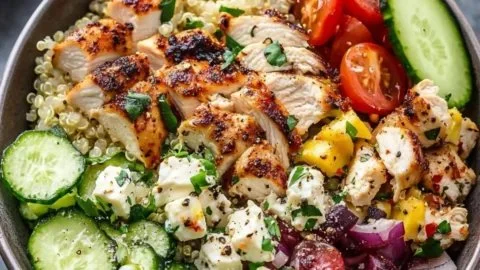 Colorful Greek Chicken Quinoa Bowl with fresh vegetables and feta cheese