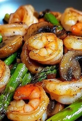 Shrimp stir-fry with asparagus and mushrooms on a plate
