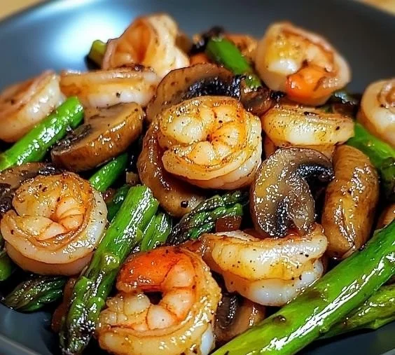 Shrimp stir-fry with asparagus and mushrooms on a plate