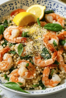 Shrimp and lemon-basil pearl couscous dish garnished with herbs