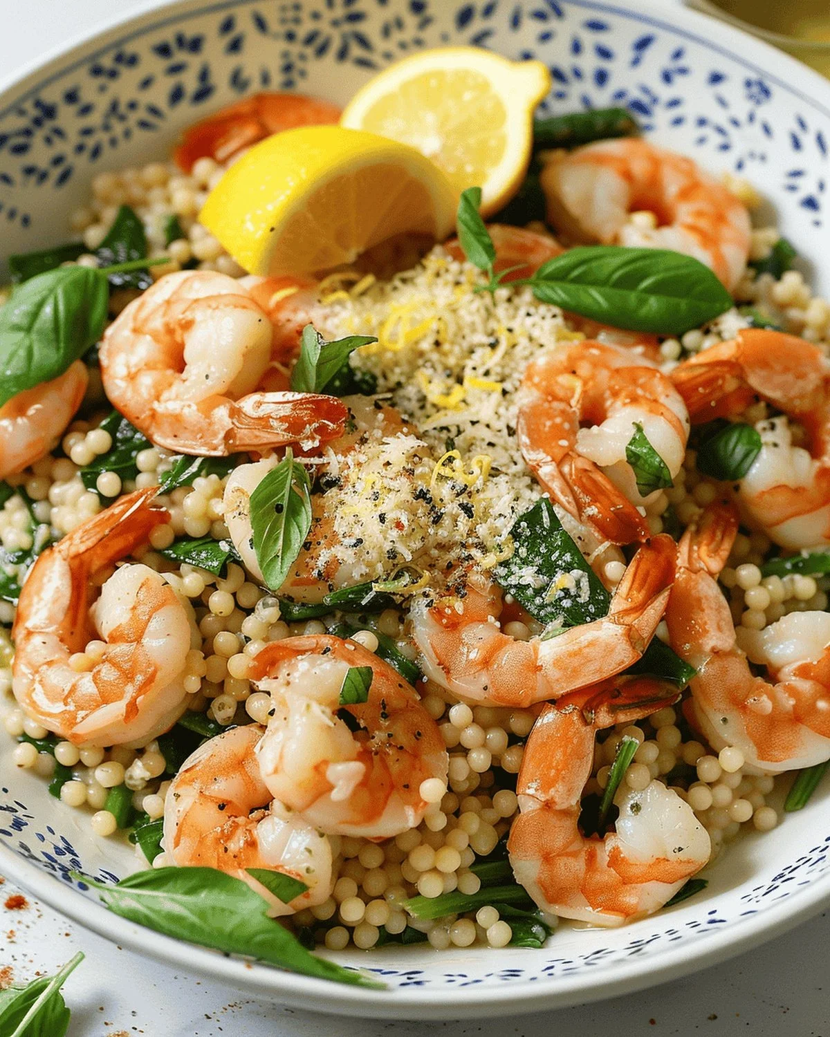 Shrimp and lemon-basil pearl couscous dish garnished with herbs