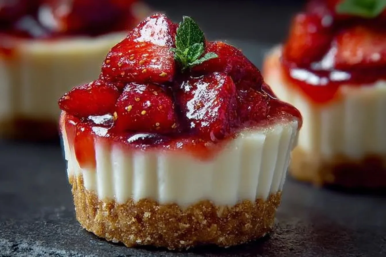 No-bake strawberry cheesecake cups served in clear glasses with fresh strawberries